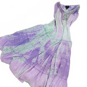 Vintage Lola P.  Maxi Dress Tie Dye Boho Batik Beaded Neck Lilac Green L